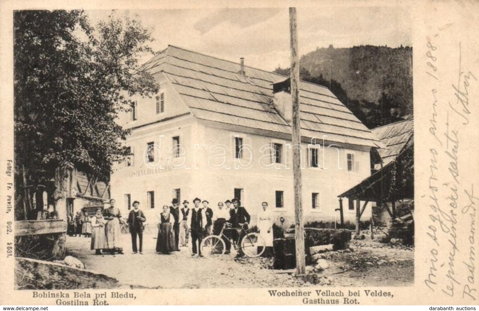 T2 1903 Bohinjska Bela, Wocheiner Vellach (Bled, Veldes); Gostilna Rot / Gasthaus Rot. Fotograf Fr. Pavlin / Restaurant  - Ohne Zuordnung