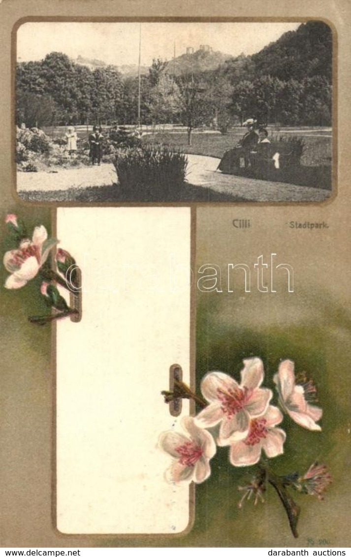 ** T2 Celje, Cilli; Stadtpark. Verlag Von Fritz Rasch / Park. Floral Litho Frame. Sempronia Anti Nicotin Advertisement O - Zonder Classificatie