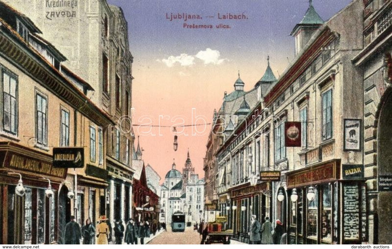 T2 Ljubljana, Laibach; Presernova Ulica, Kreditnega Zavoda, Restauracija, Bazar / Street View With Restaurant, Shopf Of  - Non Classés