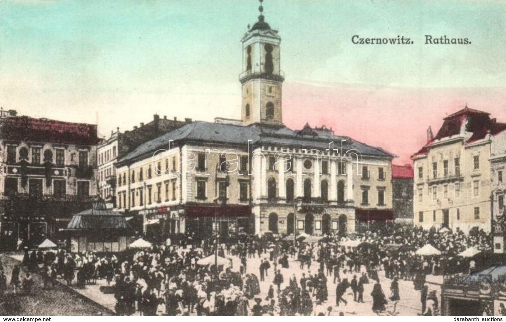 T2 1918 Chernivtsi, Cernauti, Czernowitz; Rathaus / Town Hall, Market + M. Kir. 1. Honvéd Tábori Posta 214. - Non Classés