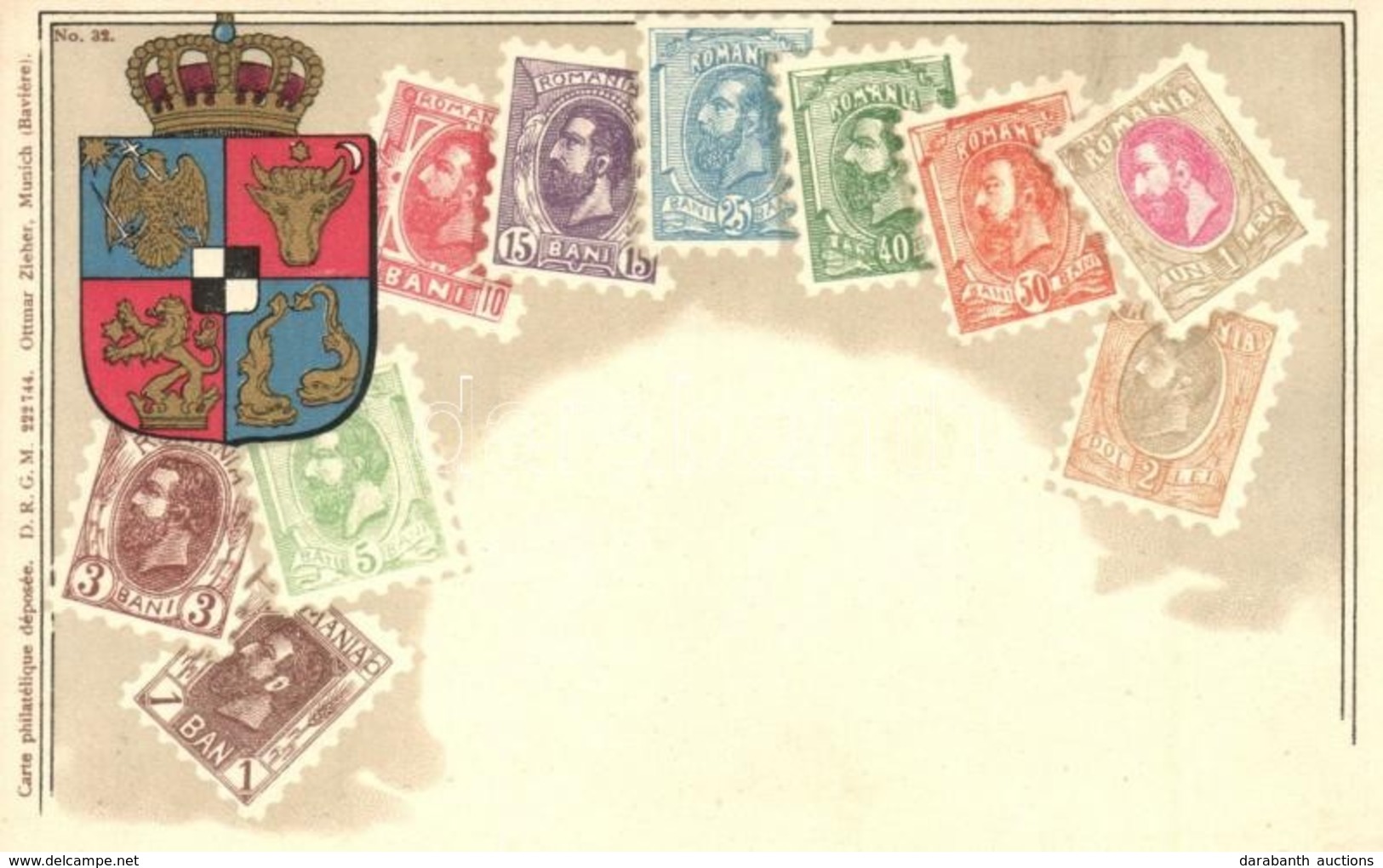 ** T1/T2 Romanian Stamps And Coat Of Arms. Carol I Of Romania. Carte Philatélique Ottmar Zieher No. 32. Litho - Non Classés