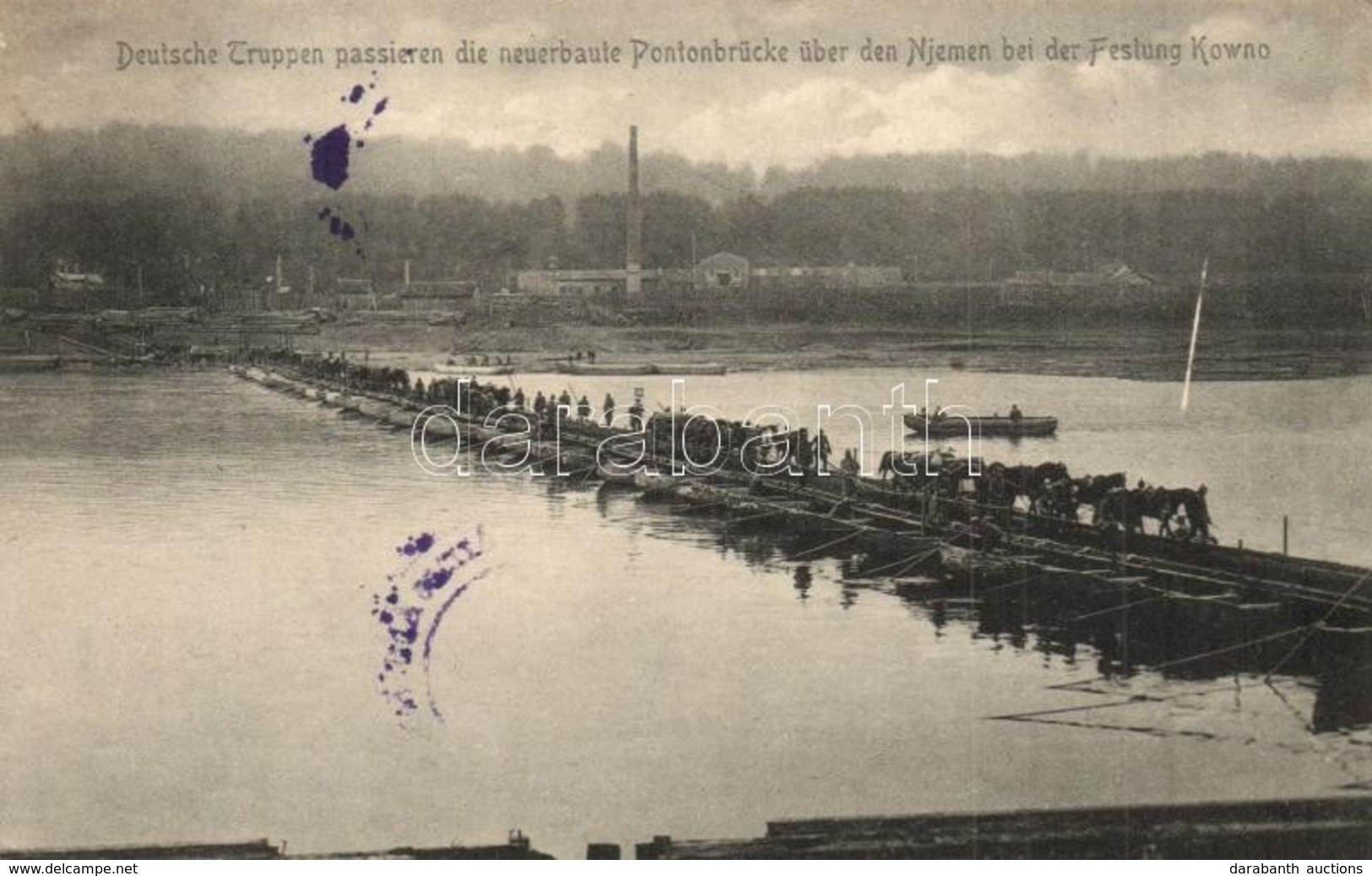 T2/T3 1916 Deutsche Truppen Passieren Die Neuerbaute Pontonbrücke über Den Njemen Bei Der Festung Kowno / WWI German Mil - Non Classés