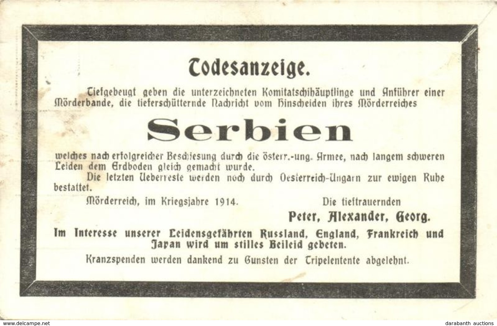 T1 1914 Todesanzeige. Serbien. Mörderreich / WWI Obituary Card Of Serbia. Murdered By Austro-Hungary - Ohne Zuordnung