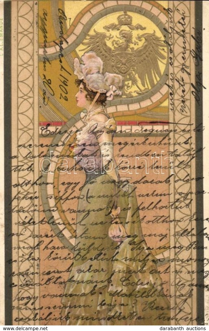 T2/T3 1902 L' Allemande / German Lady With Coat Of Arms And Flag. Serie 653. Nr. 10. Art Nouveau, Emb. Litho S: Basch Ár - Ohne Zuordnung