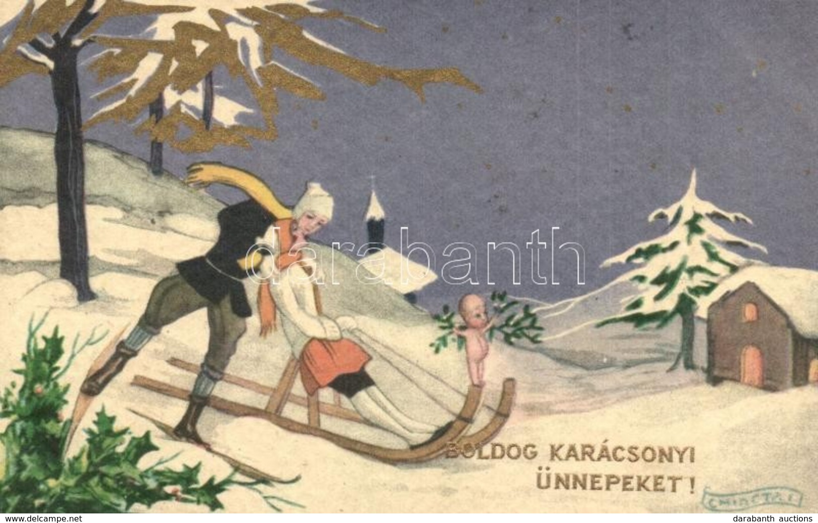 T2 Boldog Karácsonyi Ünnepeket! / Christmas Greeting, Italian Art Postcard, Sledding Couple. Ballerini & Fratini 302. S: - Ohne Zuordnung