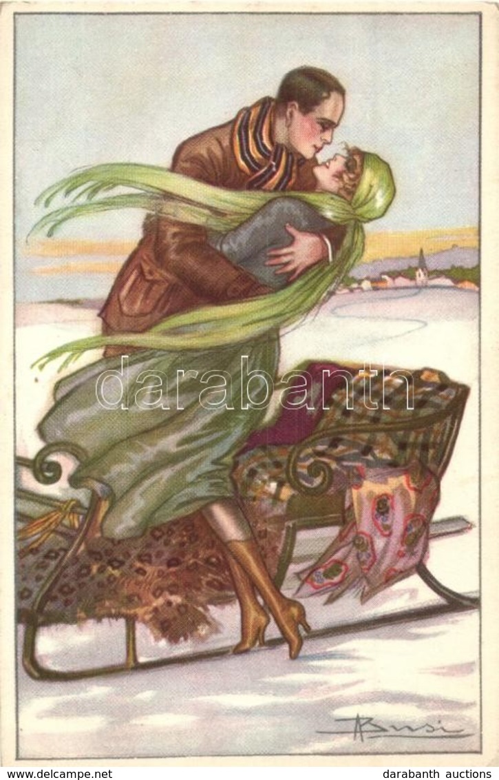 ** T2/T3 Italian Art Deco Postcard. Couple In Winter With Sleigh. Anna & Gasparini 558-3. S: Busi (EK) - Ohne Zuordnung