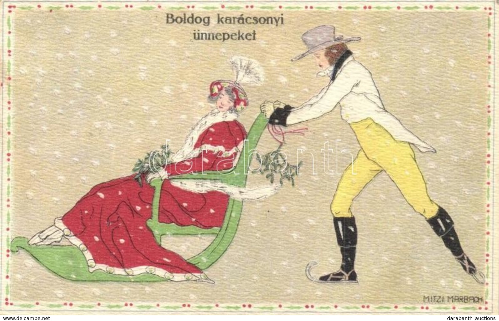 T2 Boldog Karácsonyi Ünnepeket! / Christmas Greeting Art Postcard With Ice Skating Man And Sledding Lady. B.K.W.I. 3091- - Ohne Zuordnung