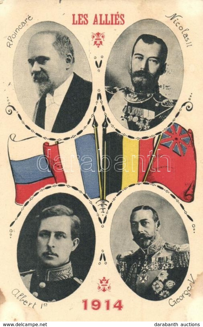 T2/T3 1914 Les Alliés. R. Poincare, Nicolas II, Georges V, Albert I / Allies Of World War I (Entente Powers) Propaganda  - Ohne Zuordnung