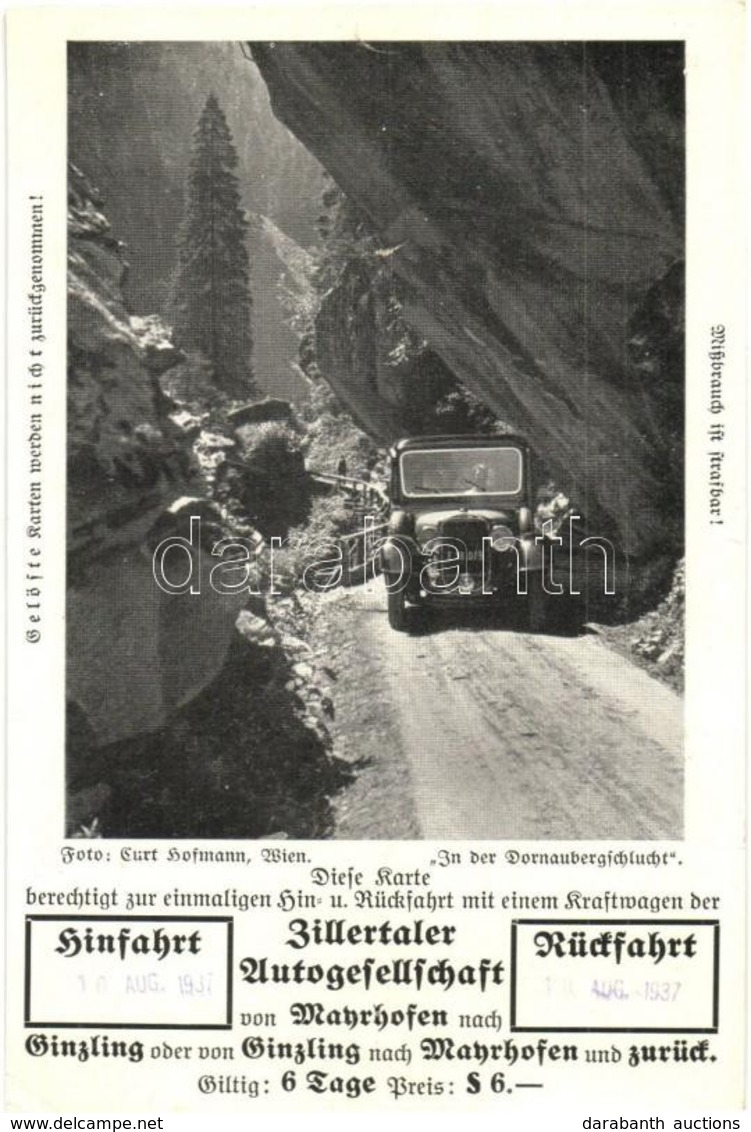 * T2/T3 1937 Dornauberg-Schlucht, Diese Karte Berechtigt Zur Einmaligen Hin- Und Rückfahrt Mit Einem Kraftwagen Der Zill - Non Classés