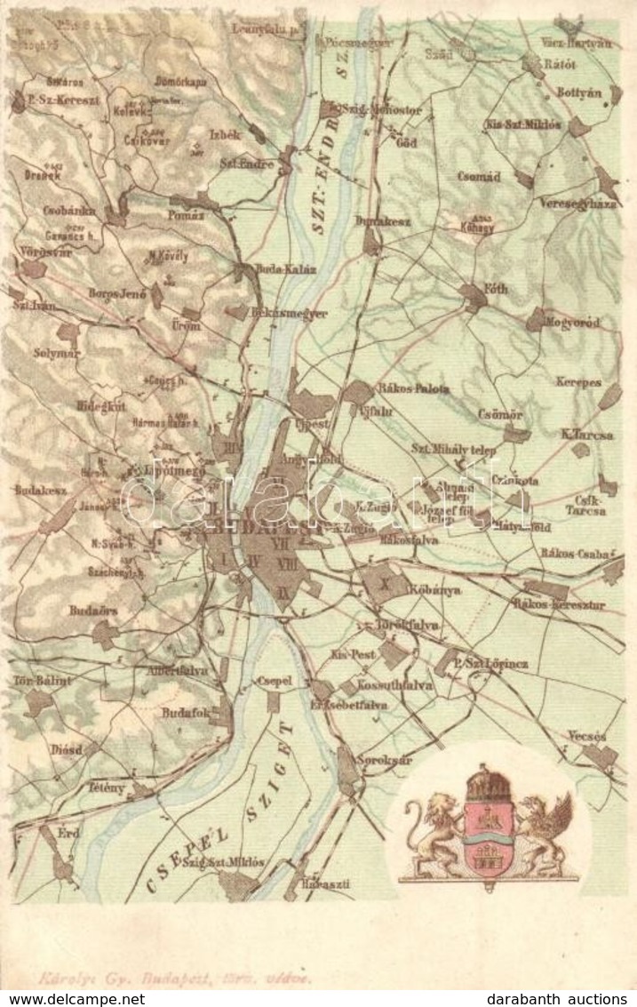 ** T3 Budapest Térképe Címerrel (Szentendre és Csepel). Károlyi Gy. / Map Of Budapest With Coat Of Arms (vágott / Cut) - Ohne Zuordnung