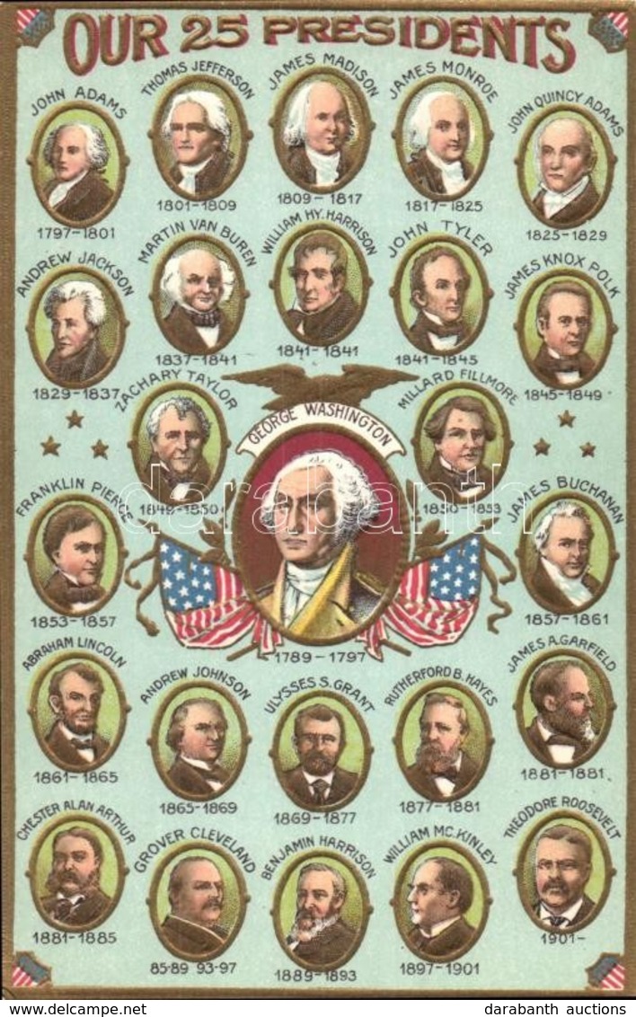 ** T2/T3 Our 25 Presidents. American Presidents With George Washington In The Middle. Flags, Emb. Litho (EK) - Non Classés