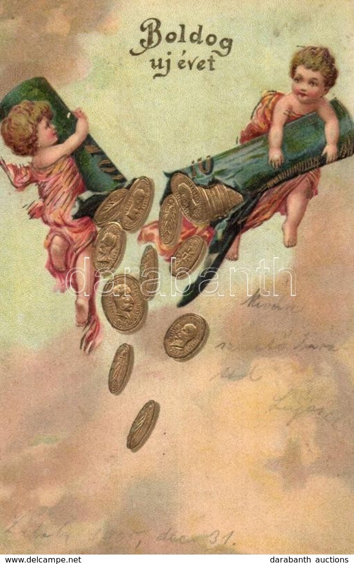 T2 1905 Boldog Új Évet! / New Year Greeting Art Postcard, Coins. Emb. Litho - Ohne Zuordnung