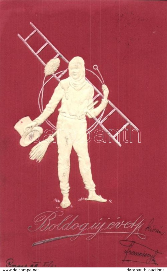 T2 1899 Boldog Új évet! / New Year Greeting Embossed Art Postcard With Chimney Sweeper - Non Classés