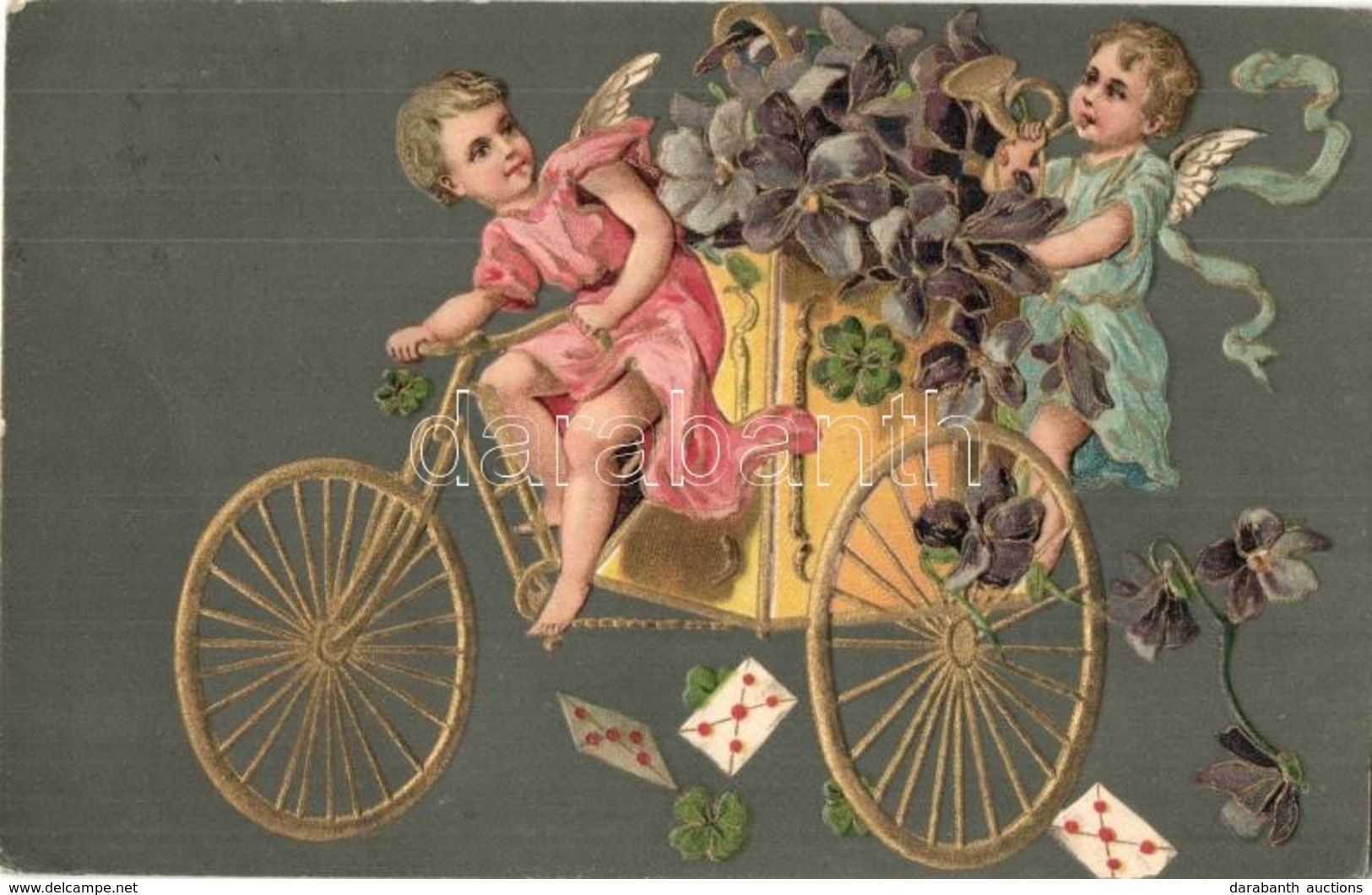 * T2 New Year Greeting Art Postcard. Angels On Bicycle. Emb. Litho - Ohne Zuordnung