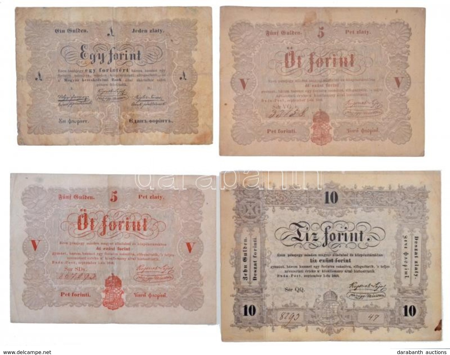 1848. 1Ft + 2Ft + 5Ft (2xklf) Barna és Vörösesbarna + 10Ft + 100Ft 'Kossuth Bankó' T:III,III- A 2Ft Restaurált / 
Hungar - Non Classés