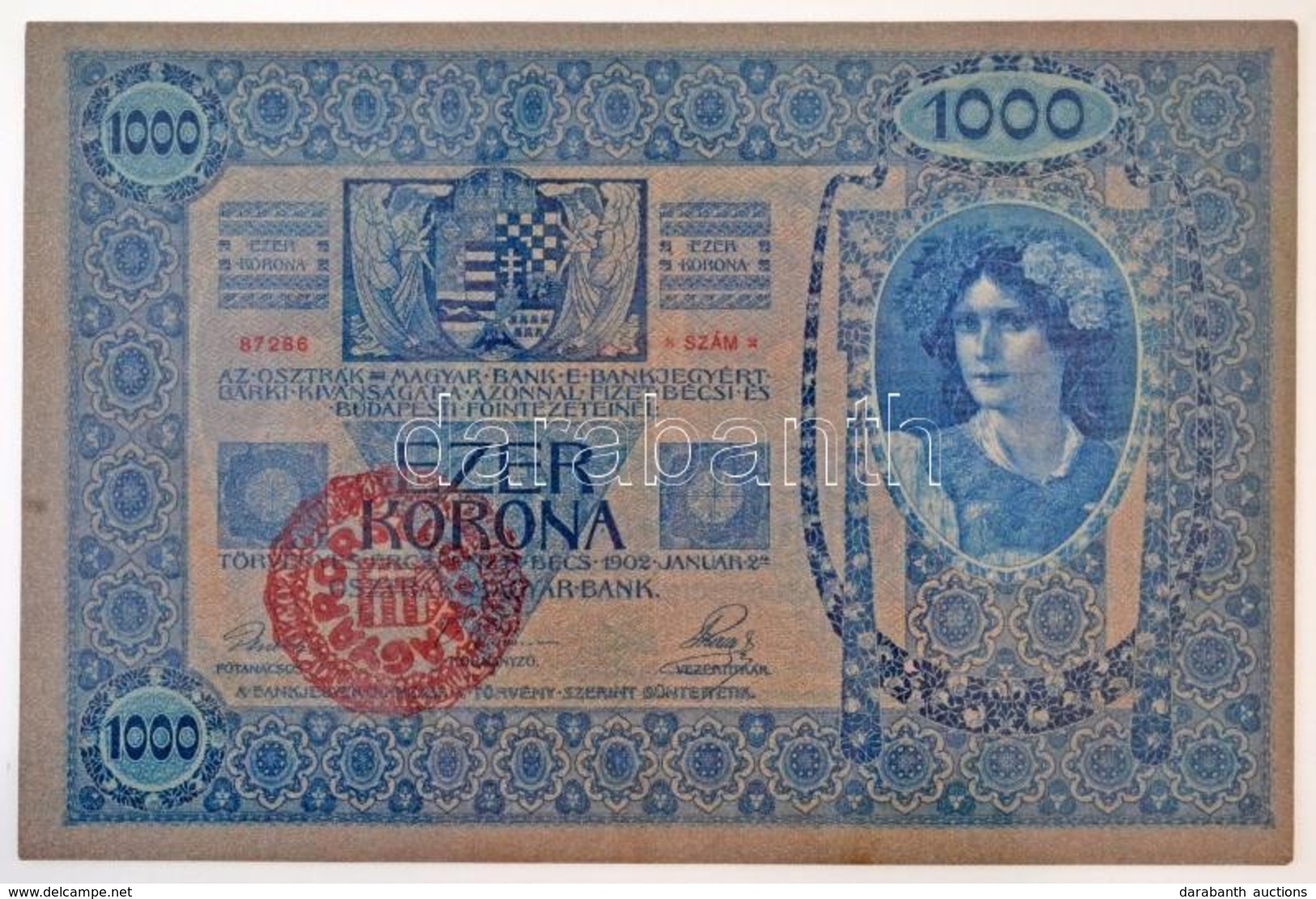1902. 1000K Piros, 'MAGYARORSZÁG' Körbélyegzővel T:I / Hungary 1902. 1000 Korona With Red 'MAGYARORSZÁG' Overprint C:UNC - Ohne Zuordnung