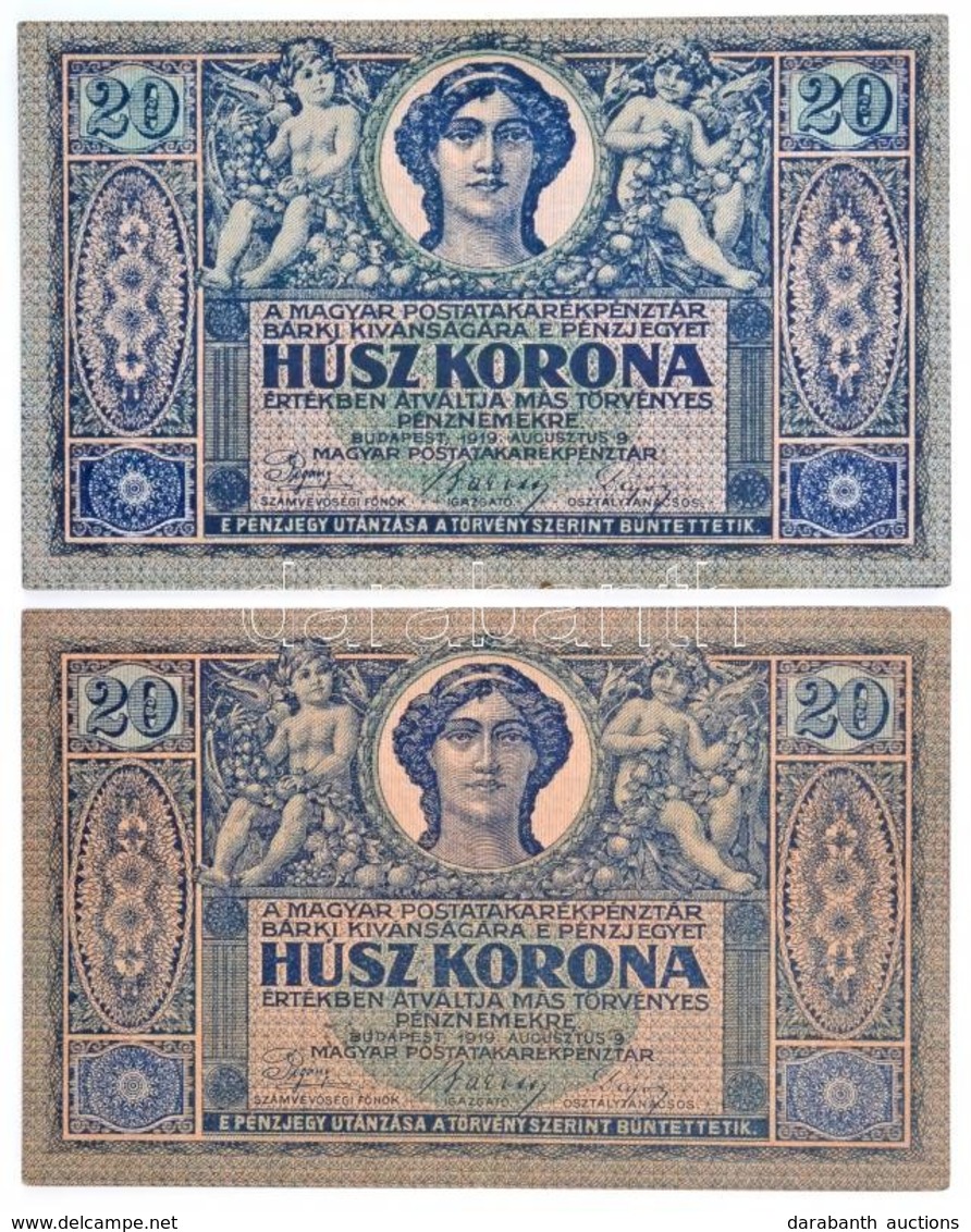 1919. Augusztus 9. 20K (2x) Egyik Színhiányos T:II-,III Szép Papír 
/ Hungary 9th August 1919. 20 Korona (2x) One Missin - Ohne Zuordnung