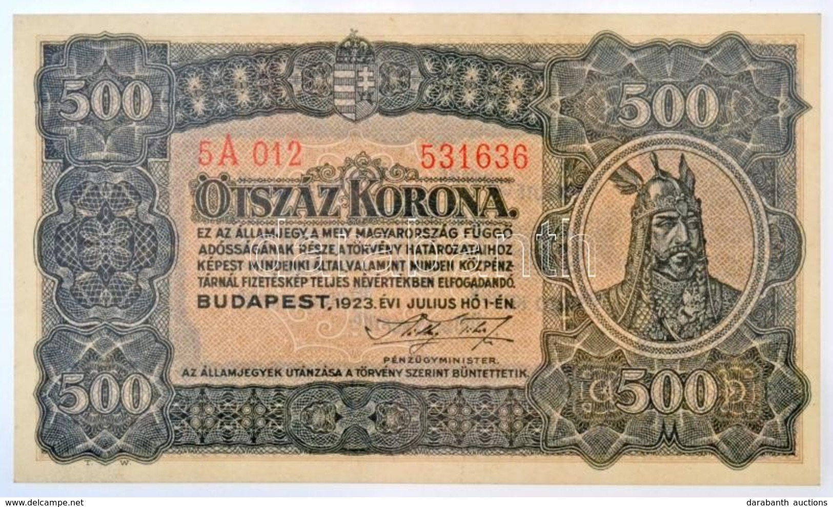 1923. 500K 'T.W.' Jelöléssel, Nyomdahely Nélkül T:I / Hungary 1923. 500 Korona With 'T.W.', Without Printer's Mark C:UNC - Ohne Zuordnung