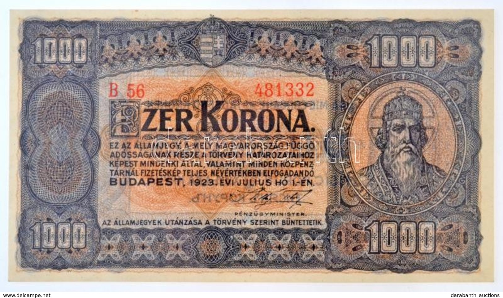 1923. 1000K 'T.W.' Jelöléssel, Nyomdahely Nélkül T:I / Hungary 1923. 1000 Korona 'T.W.' Sign, Without Printer's Mark C:U - Non Classés