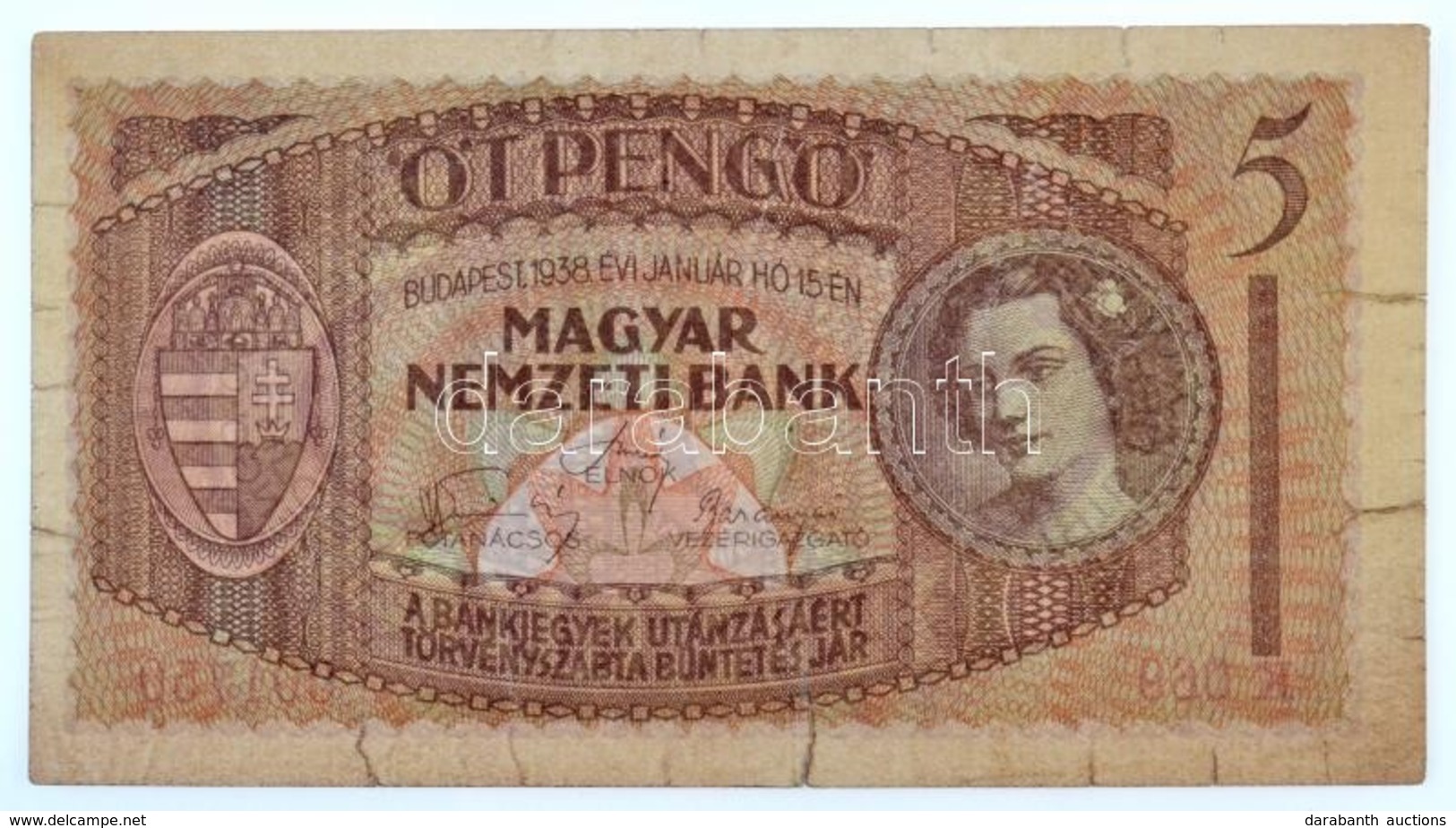 1938. 5P 'K069 001750' T:III- Szakadások A Széleken, Ezek Közül Több Ragasztott RR! / 
Hungary 1938. 5 Pengő 'K069 00175 - Ohne Zuordnung