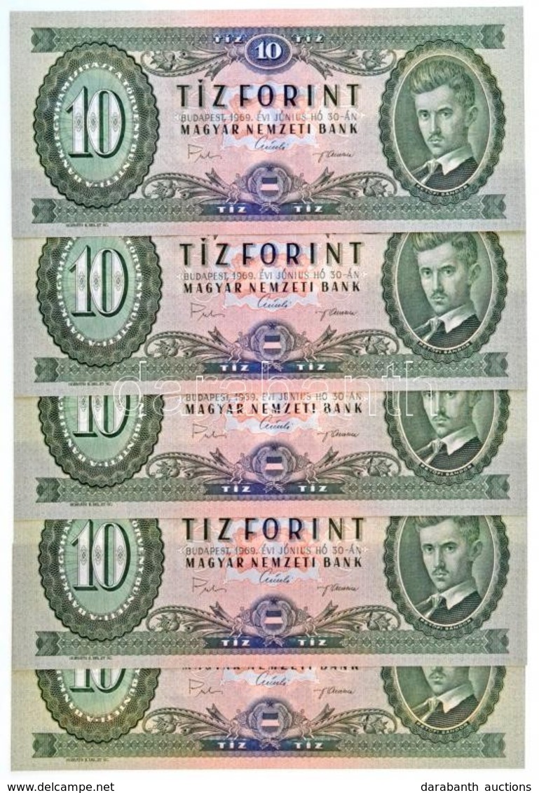 1969. 10Ft (5x) Sorszámkövetők, 'A732 066290 - A732 066294' T:I / Hungary 1969. 10 Forint (5x) Sequential Serials, 'A732 - Ohne Zuordnung