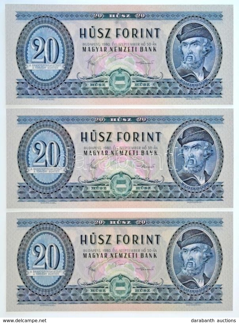 1980. 20Ft (3x) Sorszámkövetők, 'C195 093845 - C195 093847' T:I / Hungary 1980. 20 Forint (3x) Sequential Serials, 'C195 - Non Classés