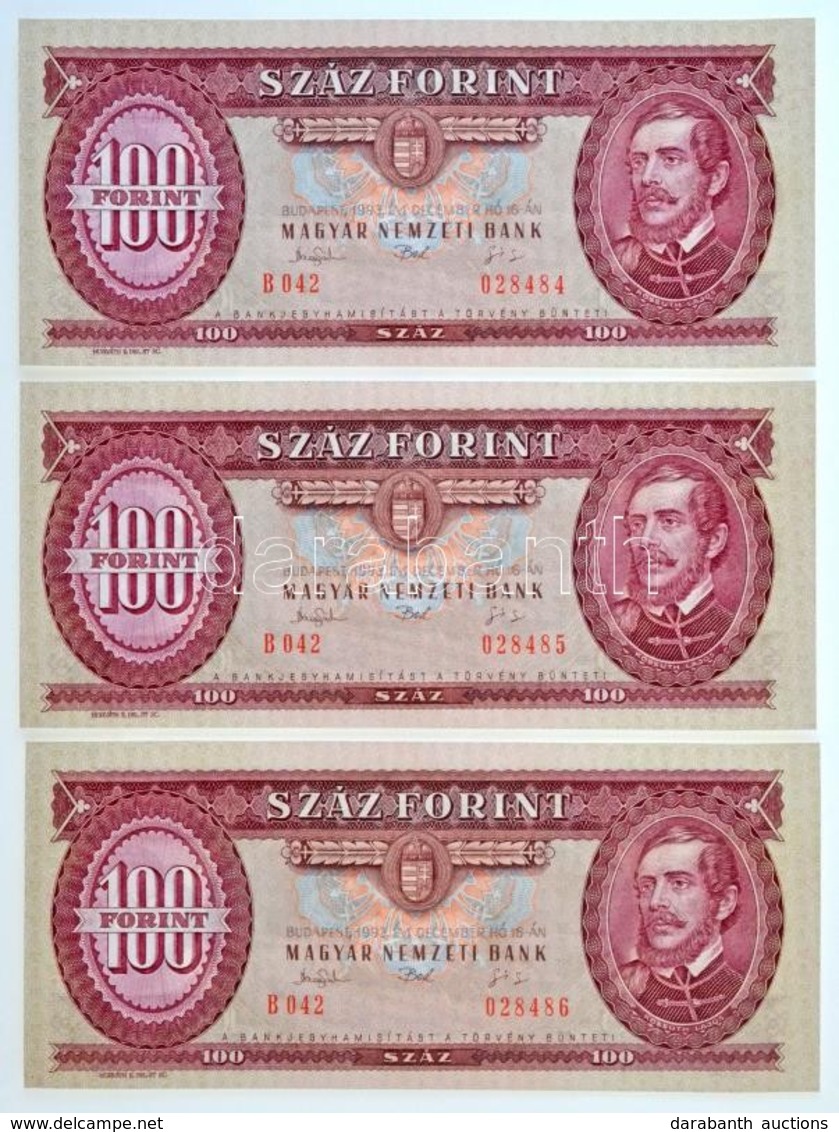 1993. 100Ft (3x) Sorszámkövetők, 'B042 028484 - B042 028486' T:I / Hungary 1993. 100 Forint (3x) Sequential Serials, 'B0 - Non Classés