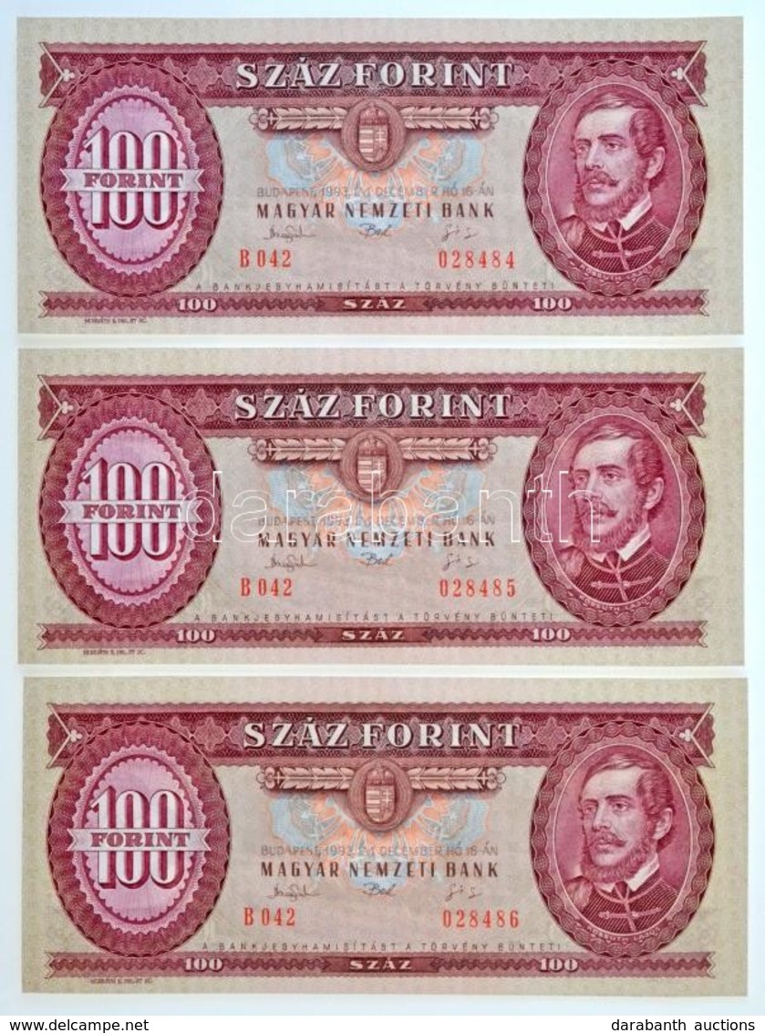 1993. 100Ft (3x) Sorszámkövetők, 'B042 028484 - B042 028486' T:I / Hungary 1993. 100 Forint (3x) Sequential Serials, 'B0 - Ohne Zuordnung