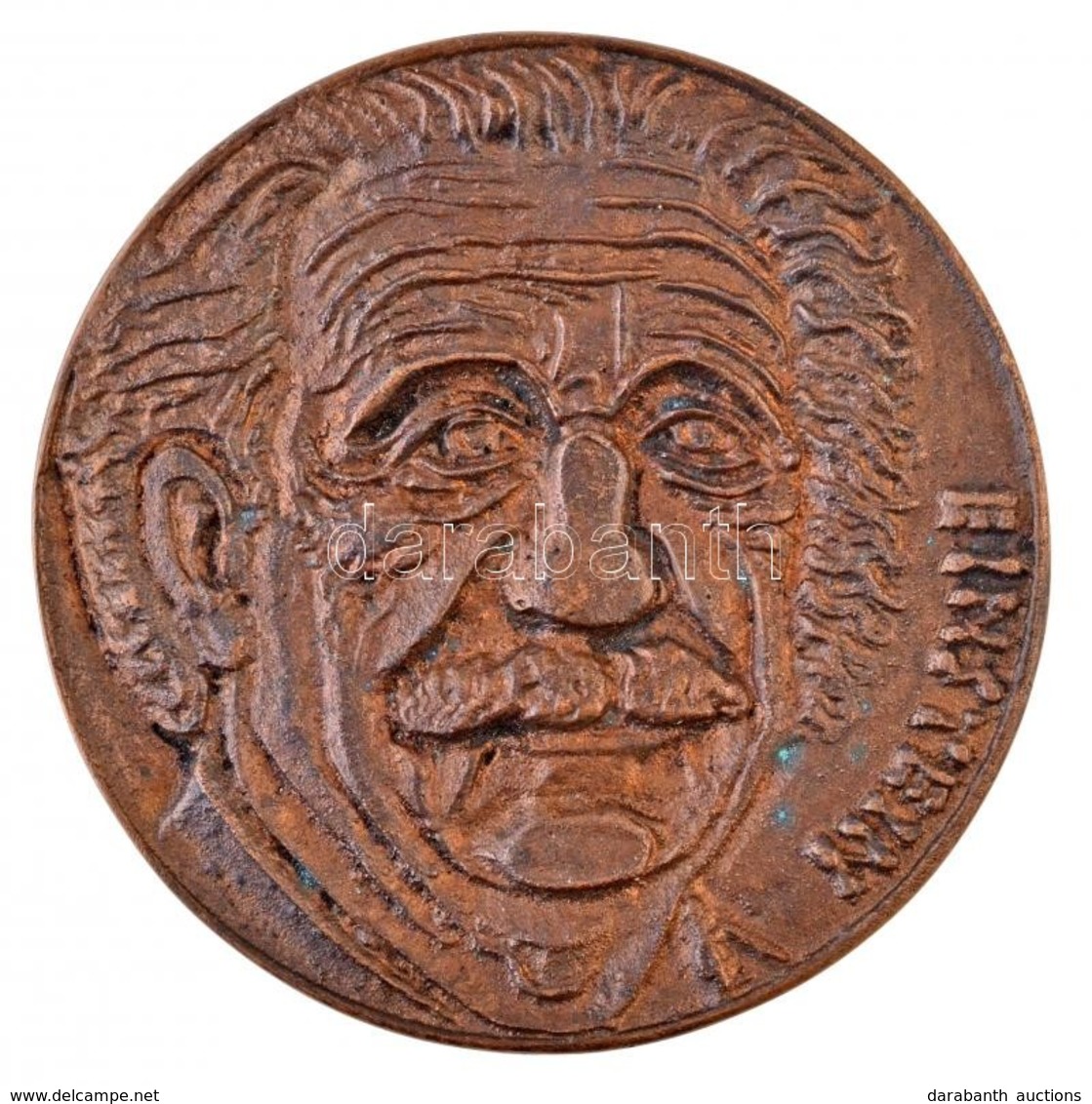 DN 'Einstein' Egyoldalas Br Plakett Olvashatatlan Mesterjeggyel (155,10g/91mm) T:2 Kis Patina, Hátoldalán Matrica
/ Hung - Ohne Zuordnung