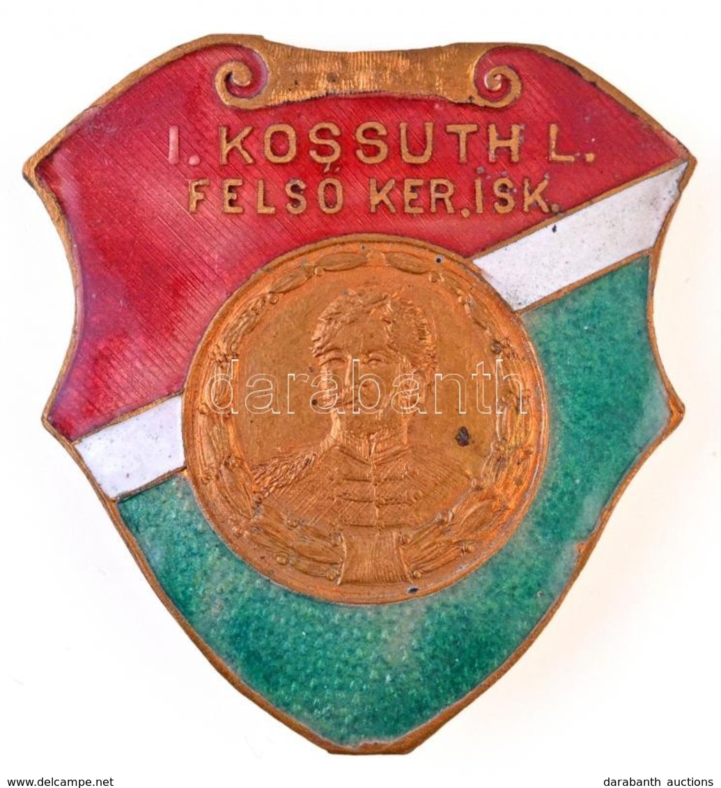 ~1930-1940. 'Kossuth Lajos Felsőkereskedelmi Iskola' Zomácozott Fém Jelvény (46x50mm) T:2
/ Hungary ~1930-1940. 'Kossuth - Ohne Zuordnung