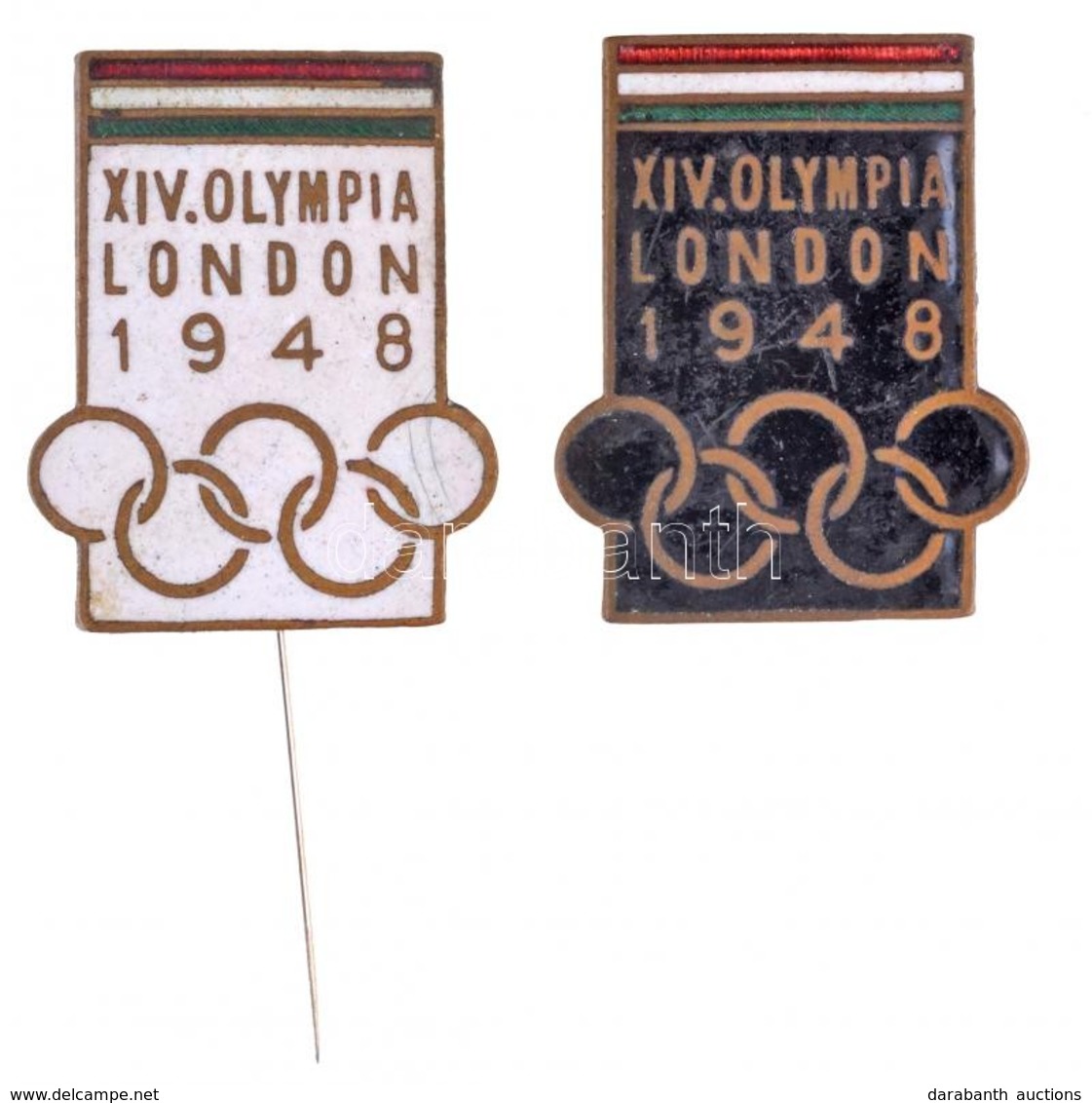 1948. 'XIV. Olimpia London 1948' 2db Klf Zománcozott Jelvény (18x23mm) T:2 Egyiknél Ragasztott Tű / 
Hungary 1948. 'XIVt - Non Classés