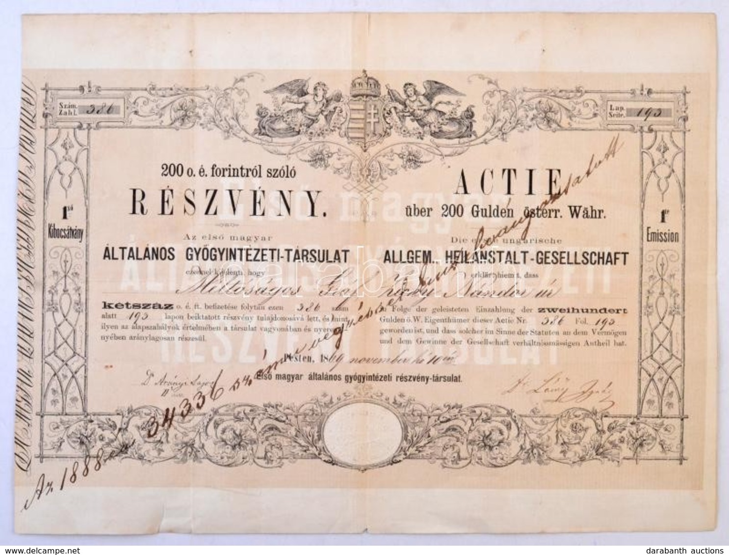 Pest 1869.'Az Első Magyar általános Gyógyintézeti-társulat' Részvénye 200Ft-ról, Gróf Zichy Nándor Részére, Szelvényekke - Non Classés