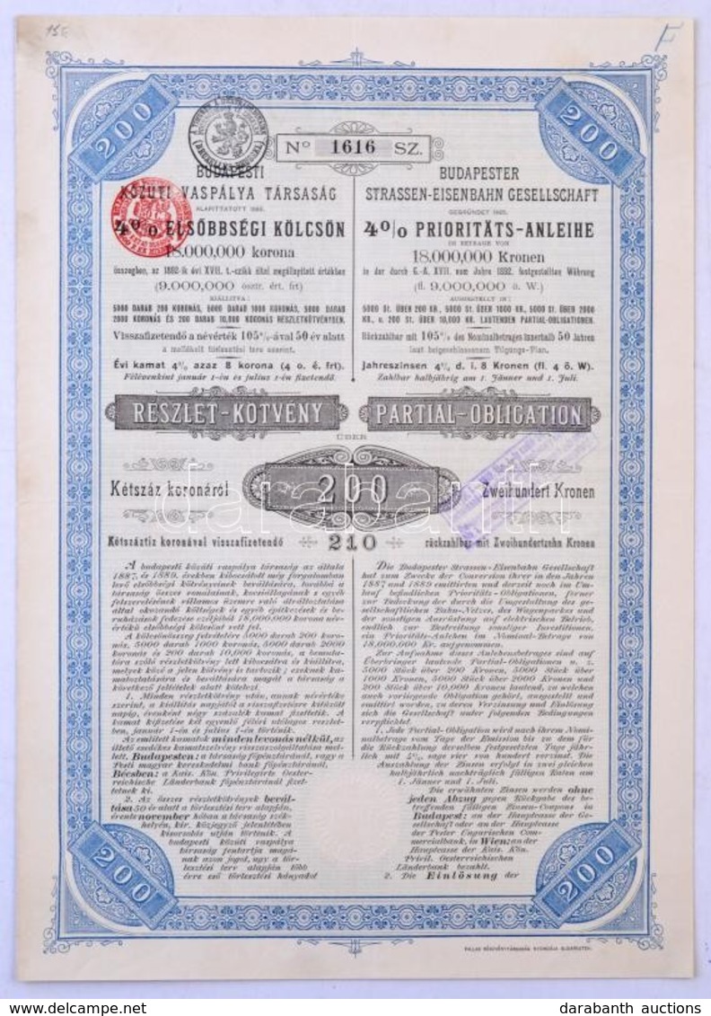 Budapest 1895. 'Budapesti Közúti Vaspálya Társaság - 4% Elsőbbségi Kölcsön' Kötvénye 200K-ról, Bélyegzésekkel, Két Nyelv - Ohne Zuordnung