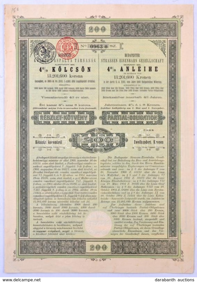 Budapest 1905. 'Budapesti Közúti Vaspálya Társaság - 4% Elsőbbségi Kölcsön' Kötvénye 200K-ról, Bélyegzésekkel, Két Nyelv - Ohne Zuordnung