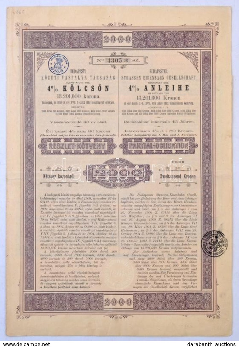 Budapest 1905. 'Budapesti Közúti Vaspálya Társaság - 4% Elsőbbségi Kölcsön' Kötvénye 2000K-ról, Bélyegzésekkel, Két Nyel - Non Classés