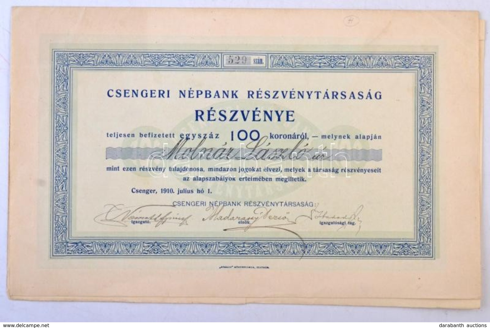Csenger 1910. 'Csengeri Népbank Részvénytársaság' Névre Szóló Részvénye 100K-ról, Szelvényekkel T:I-,II / Hungary / Csen - Ohne Zuordnung