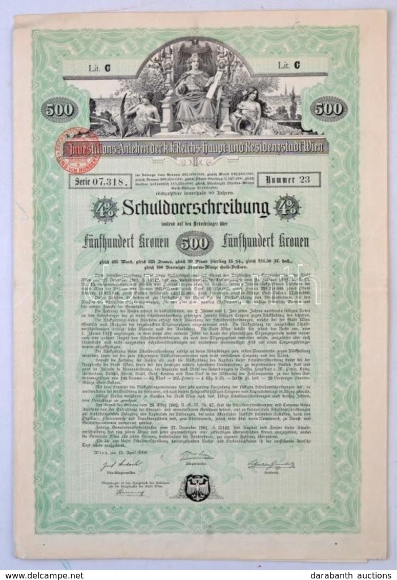 Osztrák-Magyar Monarchia / Bécs 1902. 'Investitions-Anlehen Der K.k. Reichs-haupt- Und Residenzstadt Wien' Záloglevele 5 - Ohne Zuordnung