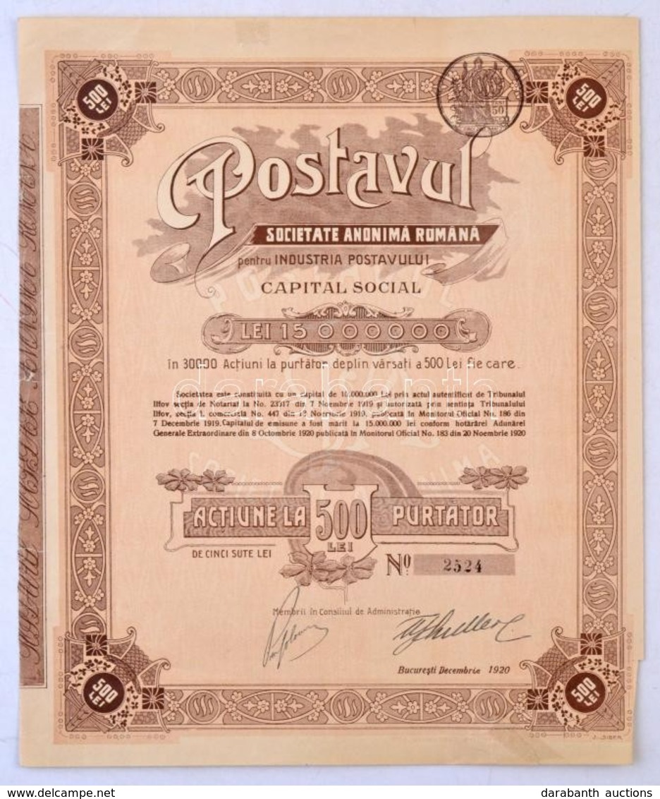 Románia / Bukarest 1920. 'Postavul Societate Anonima Romana (Román Textil Részvénytársaság)' Részvény 500L-ről, Szárazpe - Non Classés