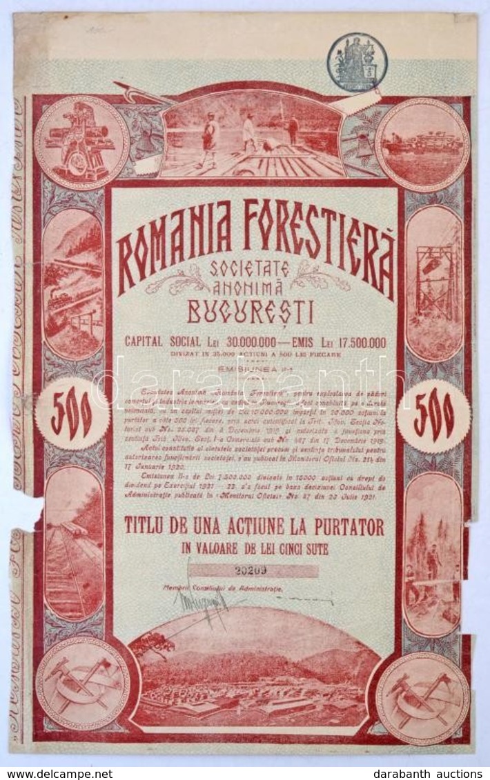Románia 1921. 'Romania Forestiera Societa Anonima (Román Erdészeti Részvénytársaság)' Részvénye 500 L értékben, Bélyegzé - Ohne Zuordnung
