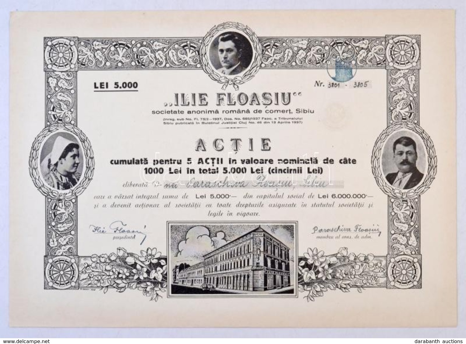 Románia / Nagyszeben 1937. 'Ilie Floasiu Kereskedelmi Részvénytársaság' Névre Szóló, öt Részvénye Egyben, összesen 5000L - Ohne Zuordnung