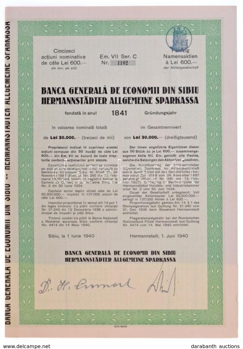 Románia / Nagyszeben 1940. 'Nagyszebeni Általános Gazdasági Bank' ötven, Névre Szóló Részvénye Egyben összesen 30.000L-r - Non Classés