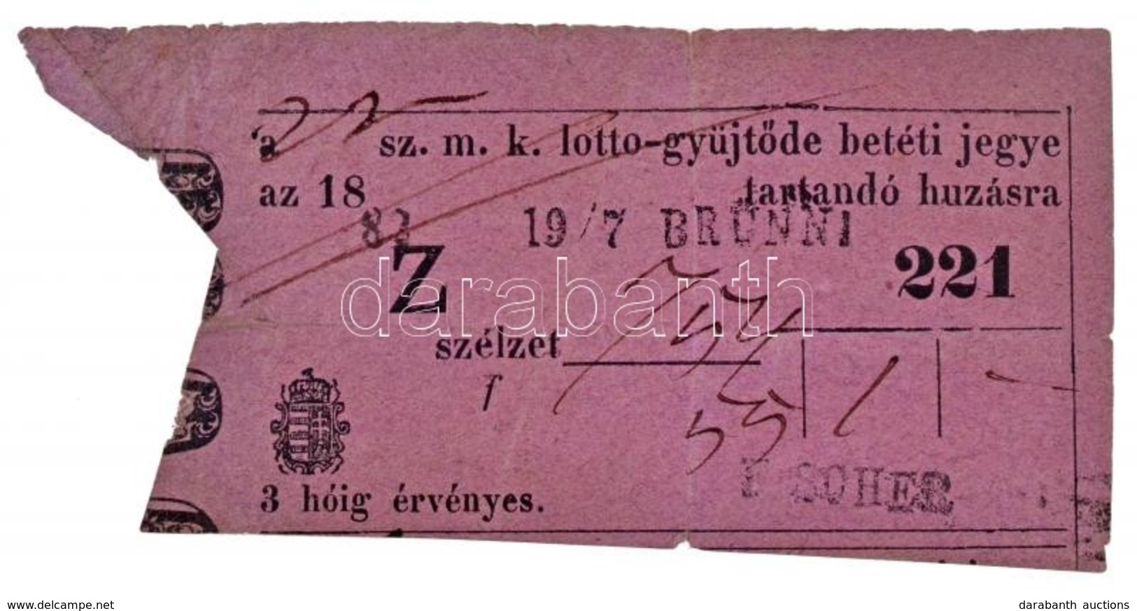 1882.(?) '22. Sz. M. K. Lotto-gyüjtöde' Betéti Jegye T:III,III- / Hungary 1882.(?) Deposit Ticket For The 22th Lottery C - Ohne Zuordnung