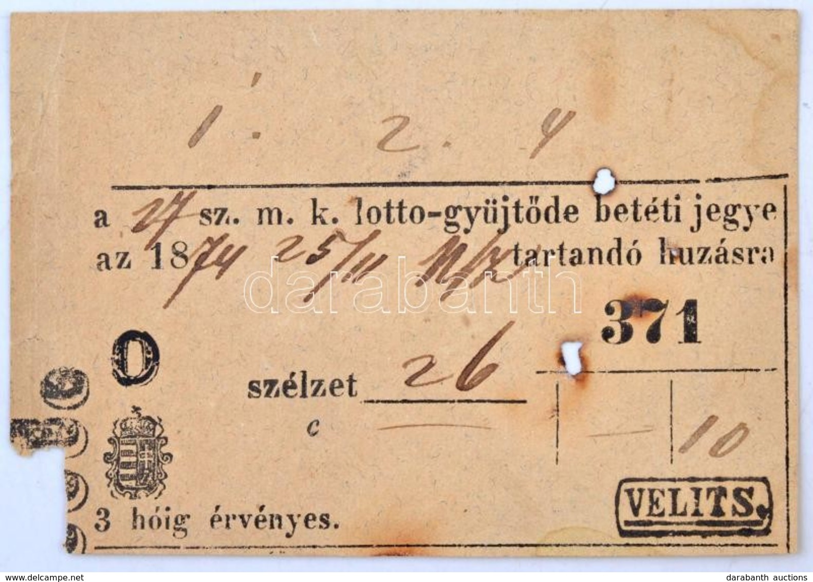 1874. '27. Sz. M. K. Lotto-gyüjtöde' Betéti Jegye T:III,III- Ly., Sarokhiány / 
Hungary 1874. Deposit Ticket For The 27t - Ohne Zuordnung