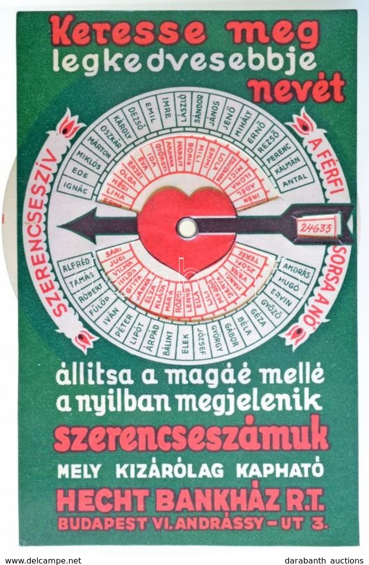 Budapest ~1930. 'Szerencseszív' Forgatható Sorsjegy T:I- / 
Hungary / Budapest ~1930. 'Lucky Heart' Lottery Ticket With  - Ohne Zuordnung