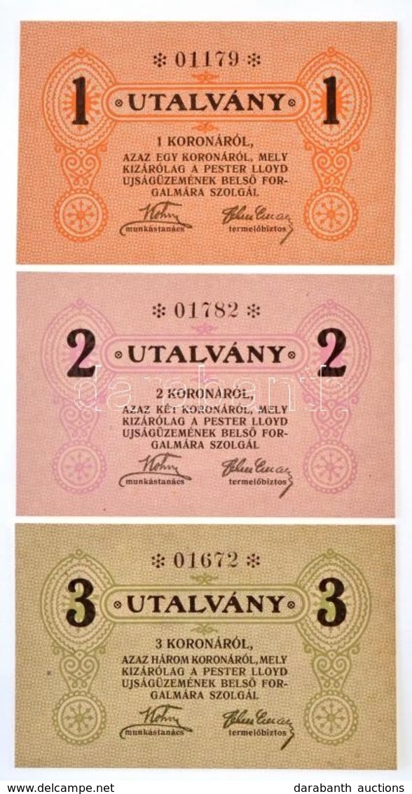 Budapest ~1920. 1K + 2K + 3K 'Pester Lloyd' Utalvány Hátoldalon Bélyegzés Nélkül T:I / Hungary / Budapest ~1920. 1 Koron - Ohne Zuordnung