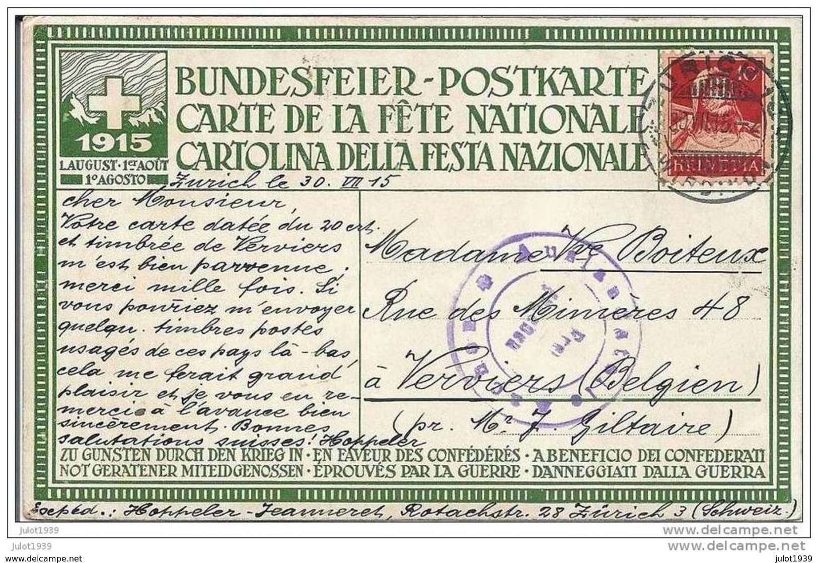 SUISSE ..-- Fête Nationale 1er Août 1915 .   1915 Vers VERVIERS ( Mme Vve Boiteux ) . Voir Verso . - Autres & Non Classés