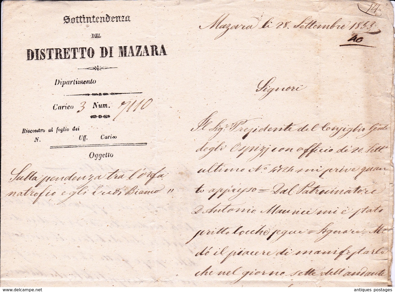 Lettre Sottitendenza Del Distretto Mazara del Vallo 1853 Sicile Napoli Sicilia Trapani Santa Ninfa Italia  Real Servizio