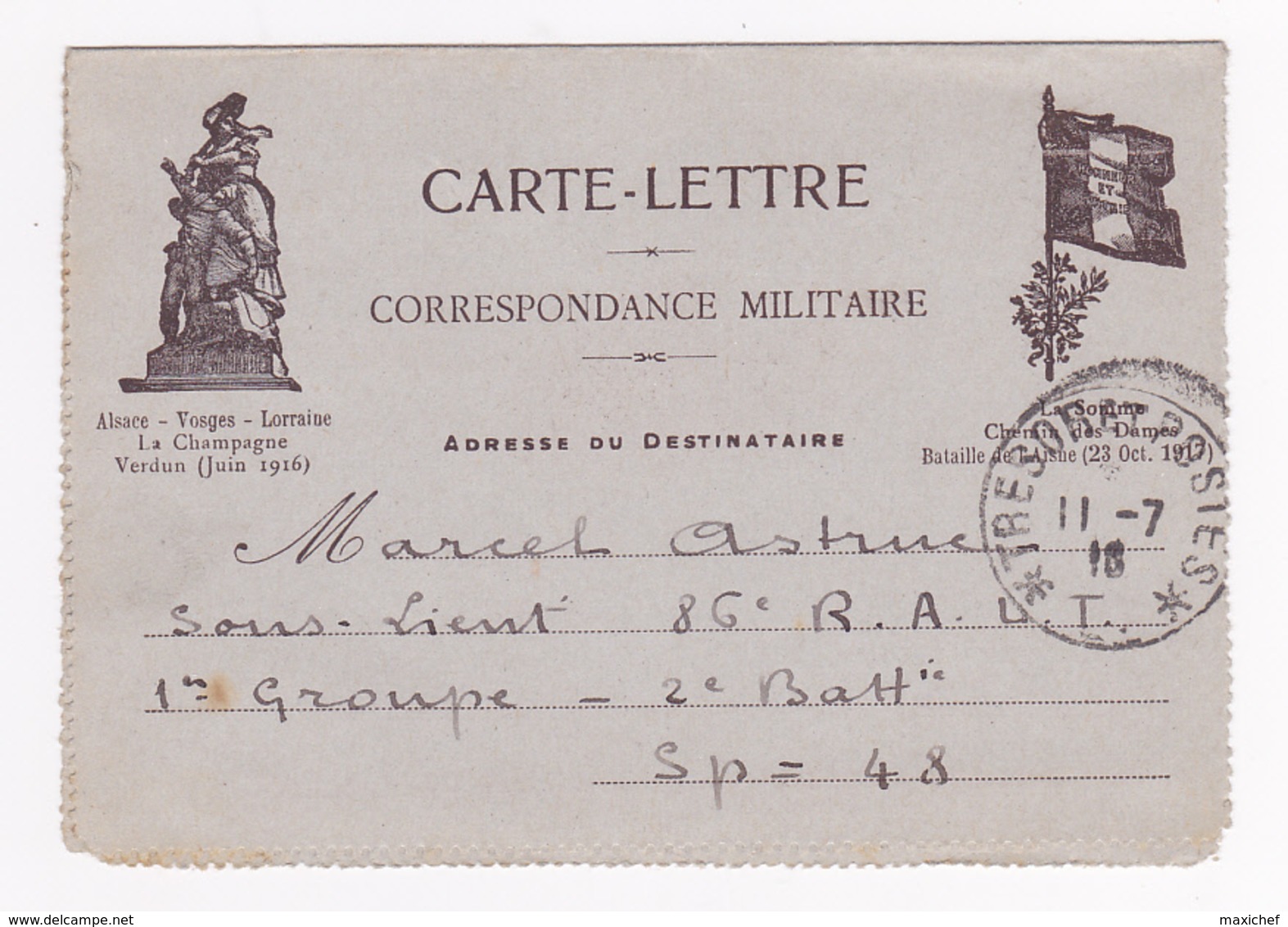 Carte-Lettre Illustrée - Correspondance Militaire "297e Régiment D'Infanterie Alpine, Secteur 193" Circulé 1918 - Lettres & Documents