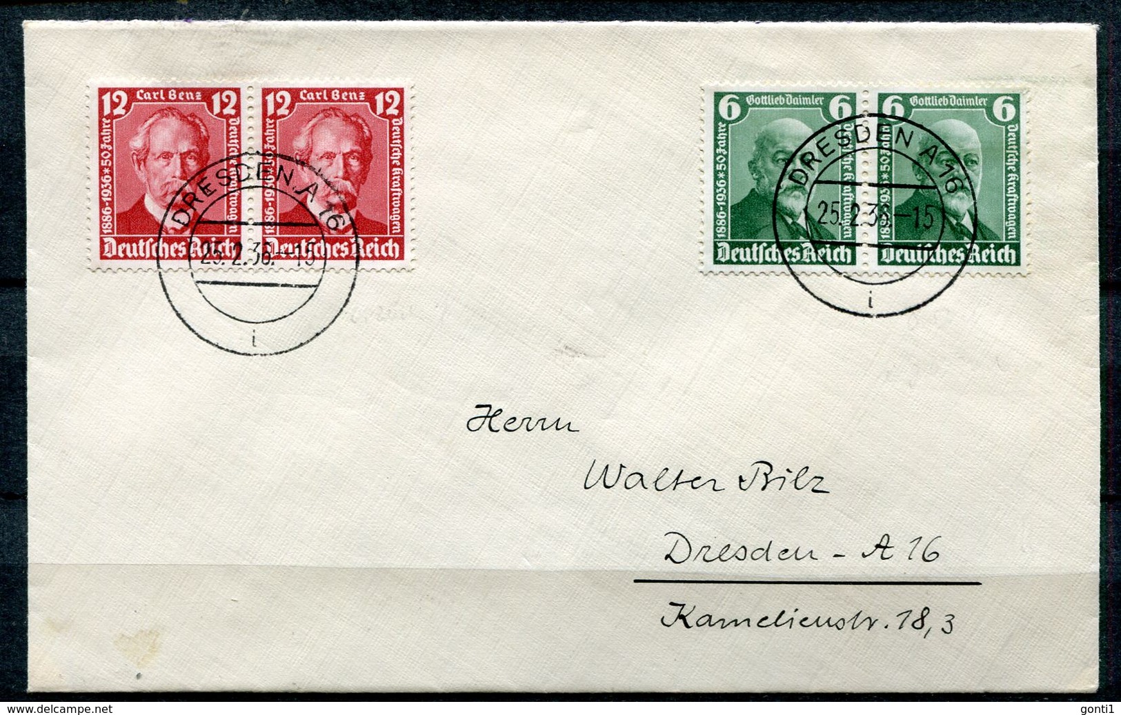 German Empires 1936 Satzbrief Gottlieb Daimler Und Carl Benz M. Mi.Nr.604/05"50 Jahre Kraftwagen"m. Tstp"Dresden"1 Beleg - Cars