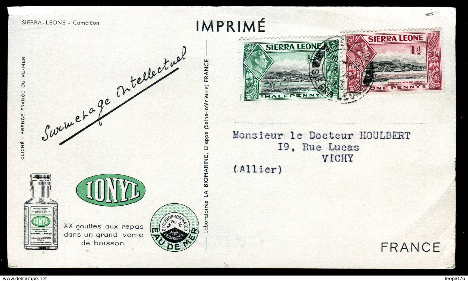 Sierra Leone - Carte Publicitaire Ionyl ( Biomarine De Dieppe ) De Freetown Pour Vichy En 1953 - O 317 - Sierra Leone (...-1960)